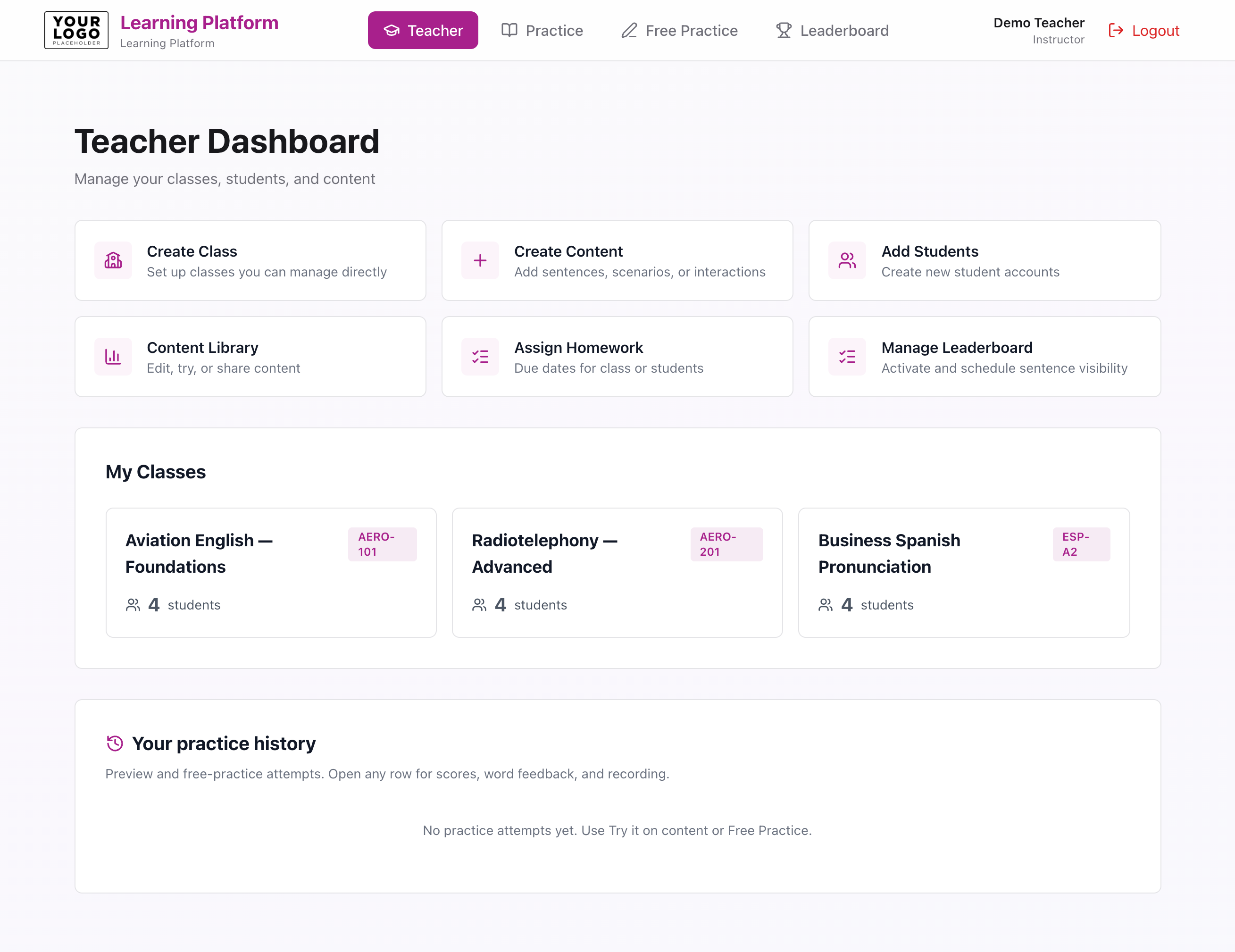 Teacher dashboard with quick actions for classes, content, students, assignments, and leaderboard management.