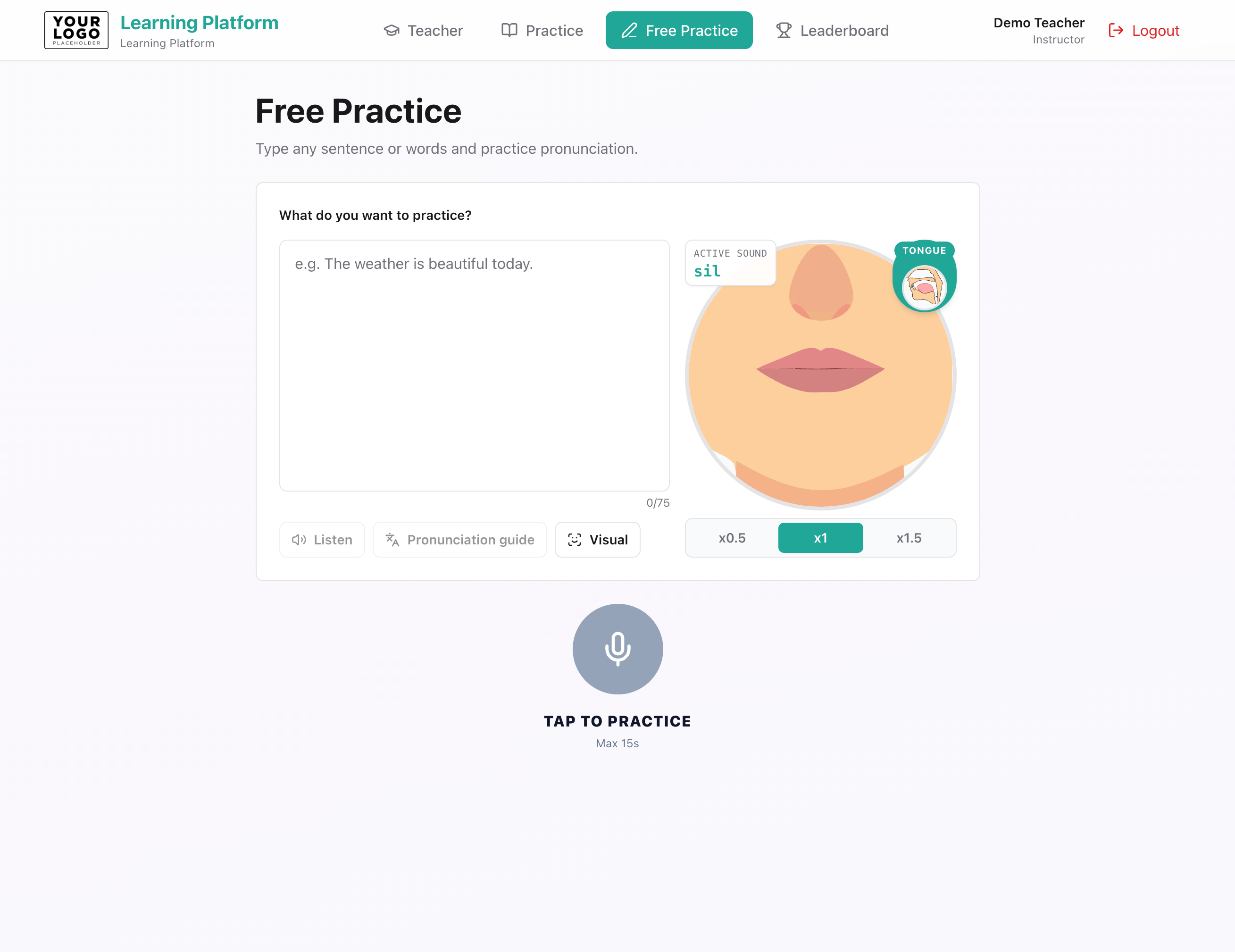 Free practice screen with partner teal accent colour, custom platform name, and themed buttons.