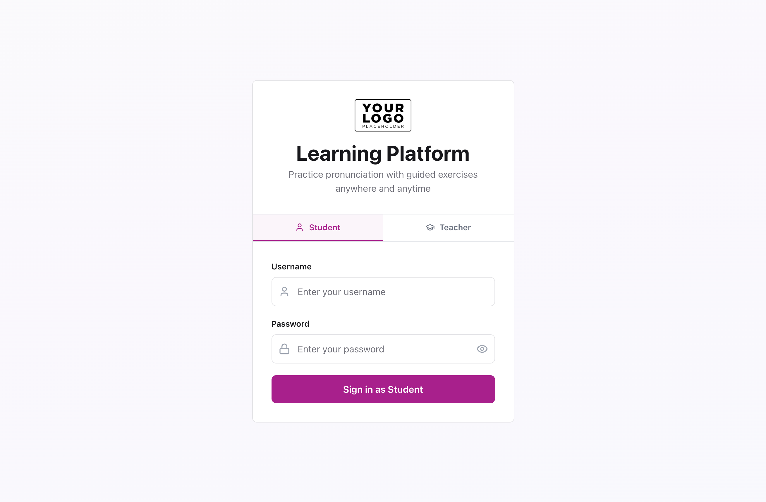 Branded sign-in screen with partner logo placeholder and learning platform title.