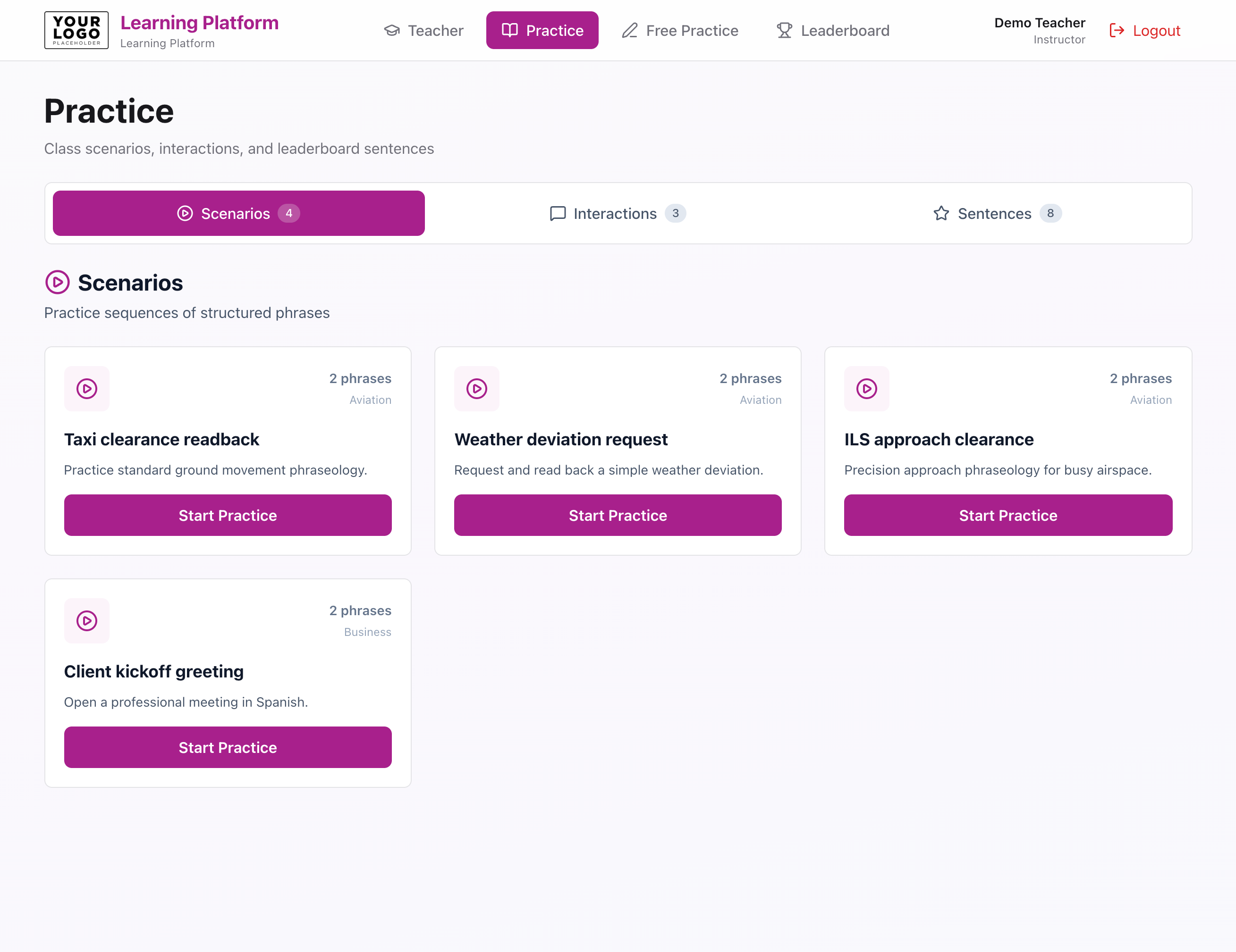 Structured practice screen with reference text, listen and guide controls, record button, and viseme display.